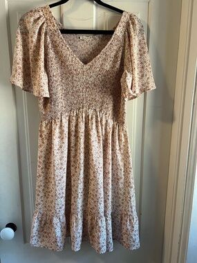 Jodifl Floral Smocked V-Neck Midi Dress in Soft Beige floral print